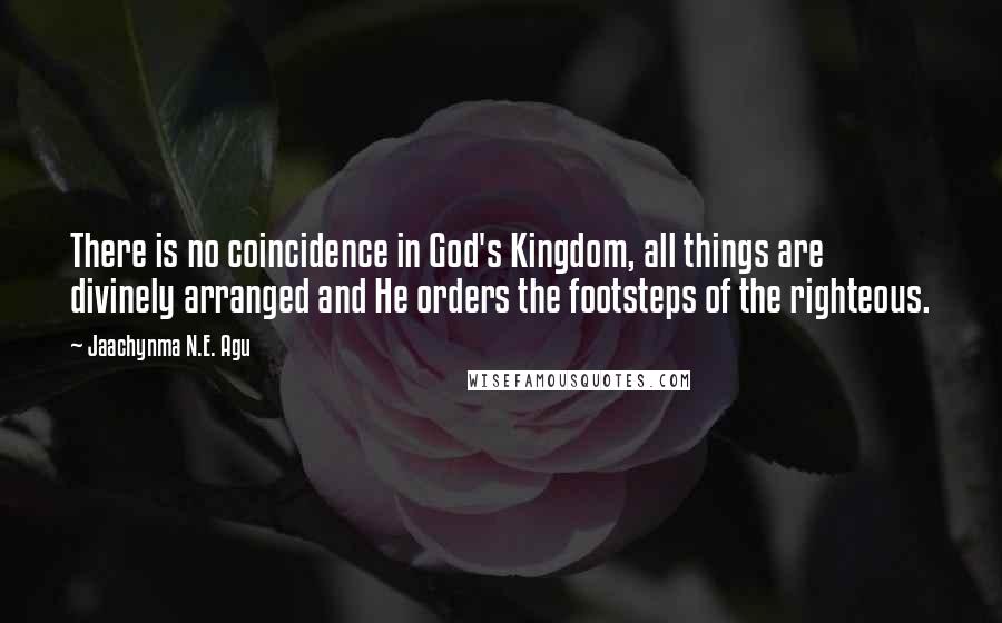 Jaachynma N.E. Agu Quotes: There is no coincidence in God's Kingdom, all things are divinely arranged and He orders the footsteps of the righteous.