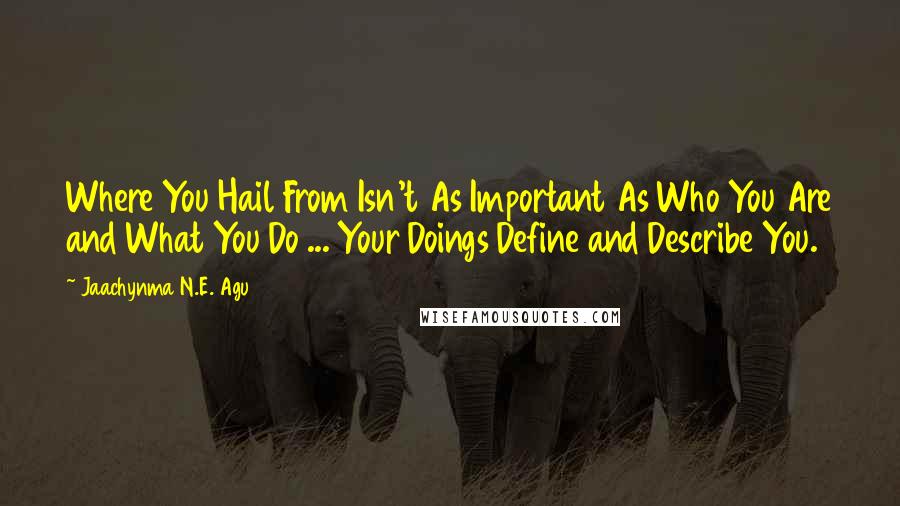 Jaachynma N.E. Agu Quotes: Where You Hail From Isn't As Important As Who You Are and What You Do ... Your Doings Define and Describe You.