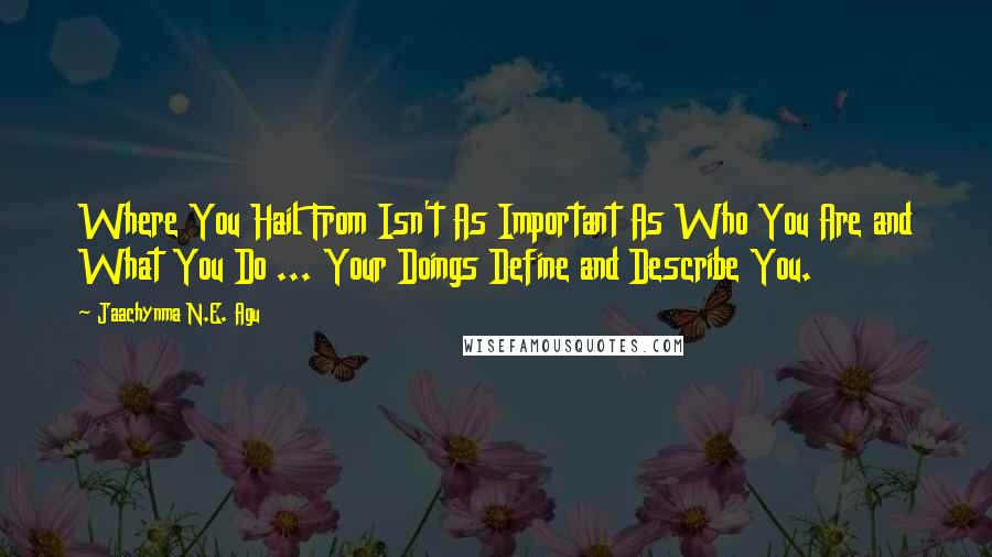 Jaachynma N.E. Agu Quotes: Where You Hail From Isn't As Important As Who You Are and What You Do ... Your Doings Define and Describe You.