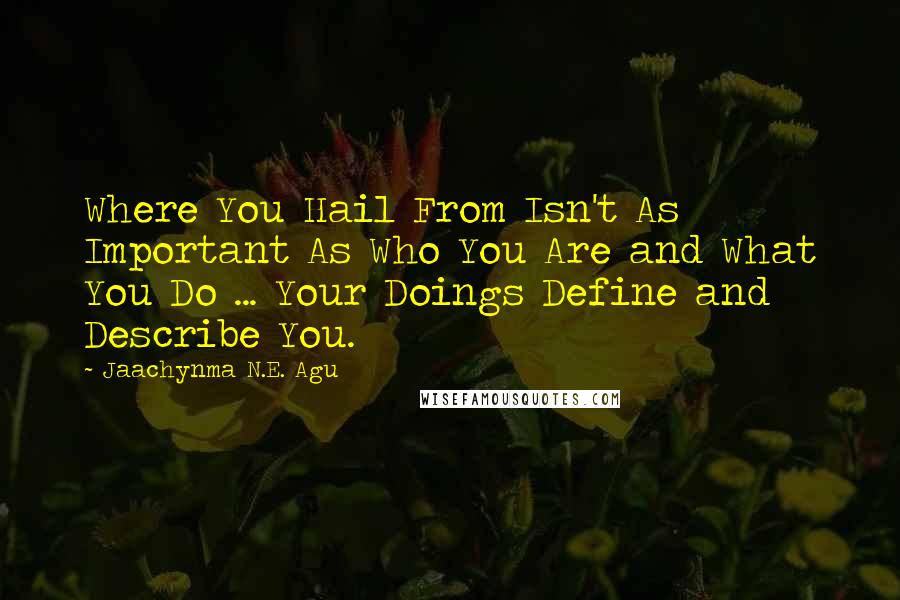 Jaachynma N.E. Agu Quotes: Where You Hail From Isn't As Important As Who You Are and What You Do ... Your Doings Define and Describe You.