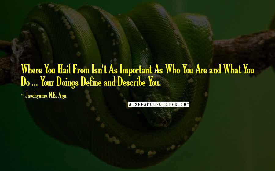 Jaachynma N.E. Agu Quotes: Where You Hail From Isn't As Important As Who You Are and What You Do ... Your Doings Define and Describe You.