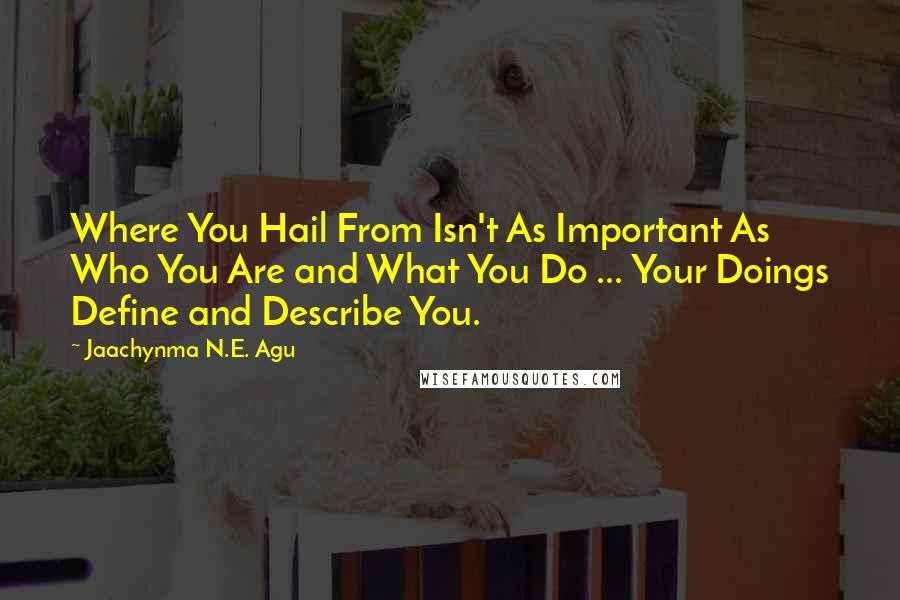 Jaachynma N.E. Agu Quotes: Where You Hail From Isn't As Important As Who You Are and What You Do ... Your Doings Define and Describe You.