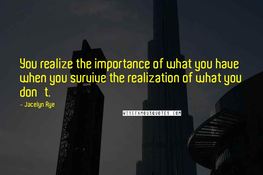 Jacelyn Rye Quotes: You realize the importance of what you have when you survive the realization of what you don't.