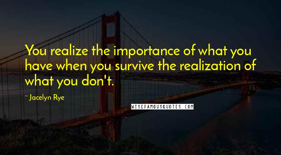 Jacelyn Rye Quotes: You realize the importance of what you have when you survive the realization of what you don't.