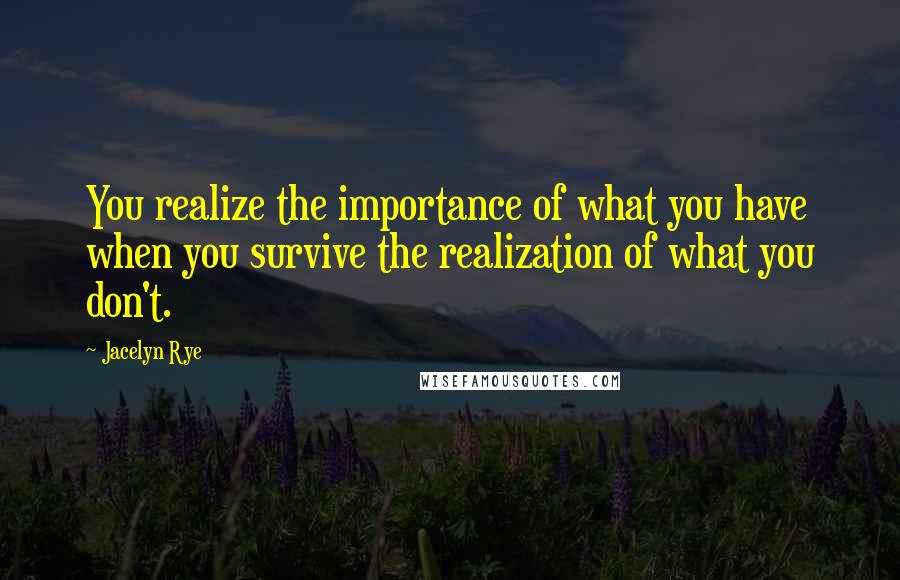 Jacelyn Rye Quotes: You realize the importance of what you have when you survive the realization of what you don't.