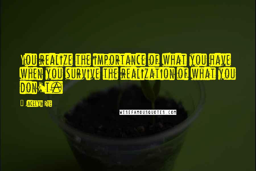 Jacelyn Rye Quotes: You realize the importance of what you have when you survive the realization of what you don't.