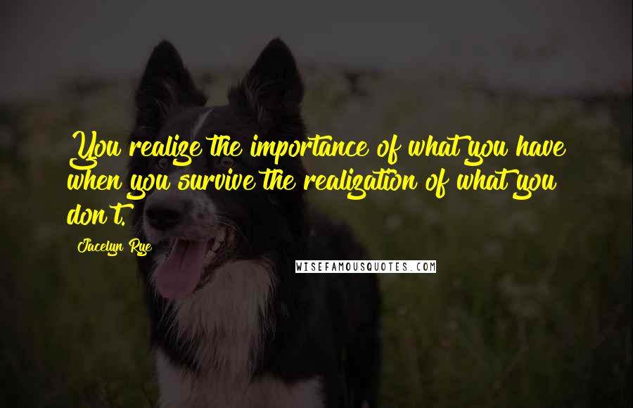 Jacelyn Rye Quotes: You realize the importance of what you have when you survive the realization of what you don't.