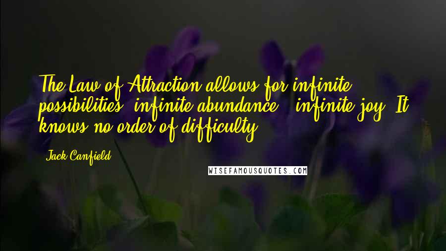 Jack Canfield Quotes: The Law of Attraction allows for infinite possibilities, infinite abundance & infinite joy. It knows no order of difficulty.