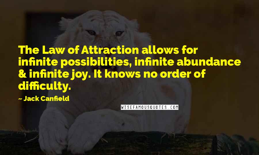 Jack Canfield Quotes: The Law of Attraction allows for infinite possibilities, infinite abundance & infinite joy. It knows no order of difficulty.