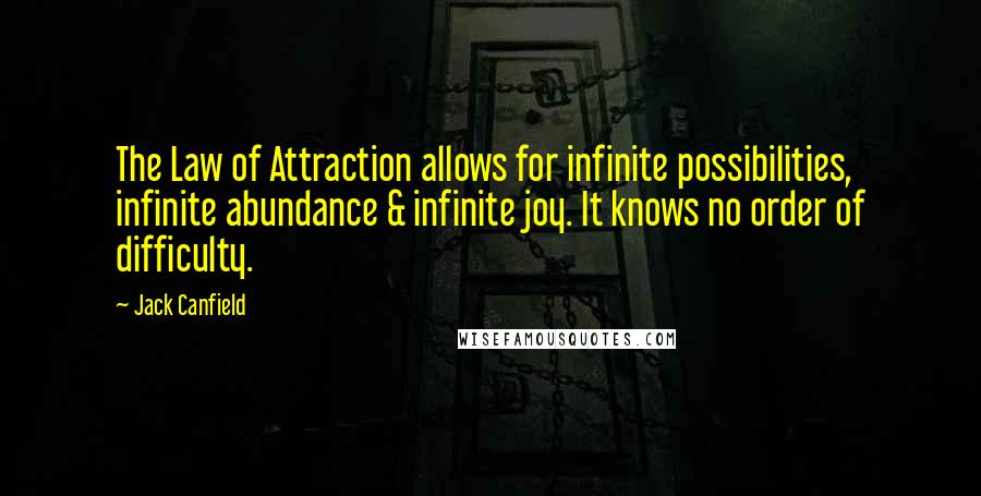 Jack Canfield Quotes: The Law of Attraction allows for infinite possibilities, infinite abundance & infinite joy. It knows no order of difficulty.