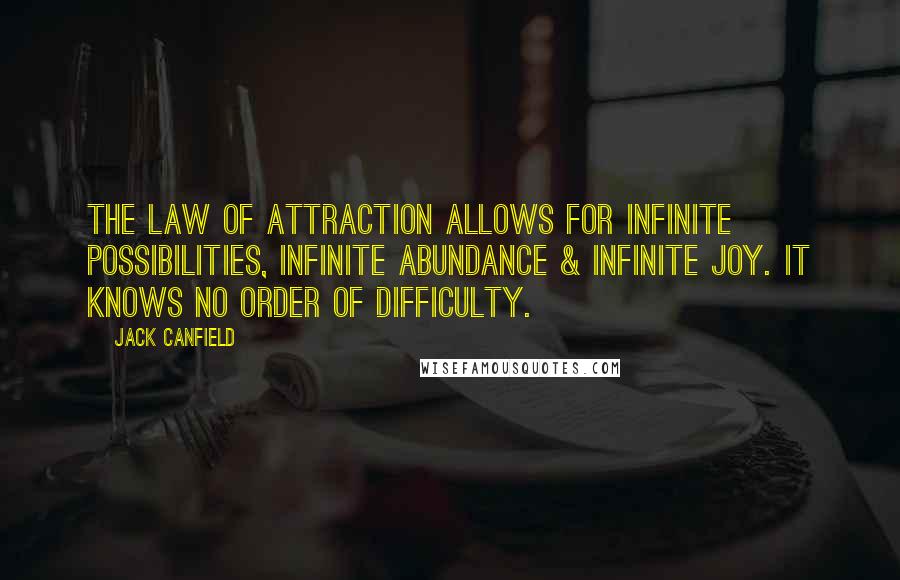 Jack Canfield Quotes: The Law of Attraction allows for infinite possibilities, infinite abundance & infinite joy. It knows no order of difficulty.