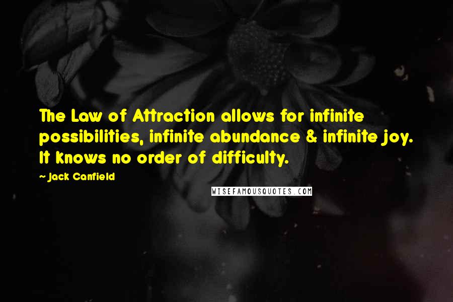 Jack Canfield Quotes: The Law of Attraction allows for infinite possibilities, infinite abundance & infinite joy. It knows no order of difficulty.