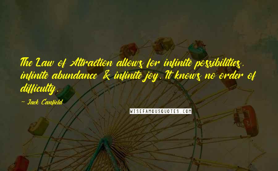 Jack Canfield Quotes: The Law of Attraction allows for infinite possibilities, infinite abundance & infinite joy. It knows no order of difficulty.