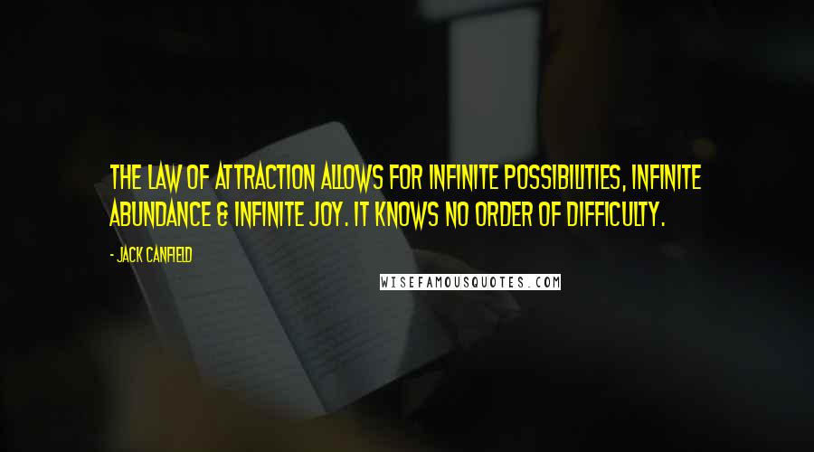 Jack Canfield Quotes: The Law of Attraction allows for infinite possibilities, infinite abundance & infinite joy. It knows no order of difficulty.