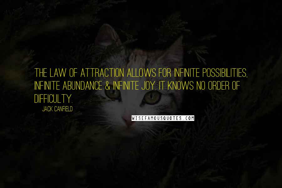 Jack Canfield Quotes: The Law of Attraction allows for infinite possibilities, infinite abundance & infinite joy. It knows no order of difficulty.