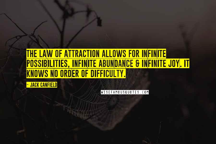 Jack Canfield Quotes: The Law of Attraction allows for infinite possibilities, infinite abundance & infinite joy. It knows no order of difficulty.