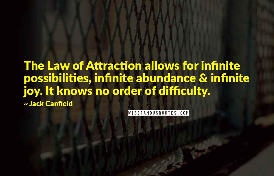 Jack Canfield Quotes: The Law of Attraction allows for infinite possibilities, infinite abundance & infinite joy. It knows no order of difficulty.