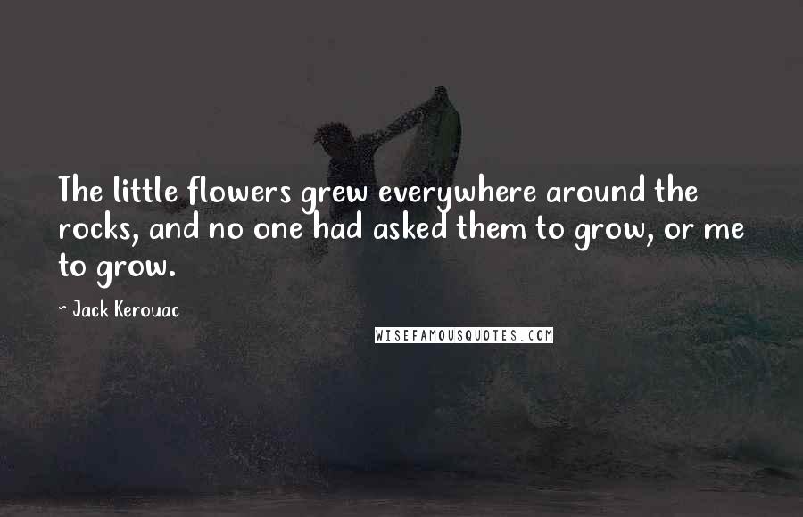 Jack Kerouac Quotes: The little flowers grew everywhere around the rocks, and no one had asked them to grow, or me to grow.