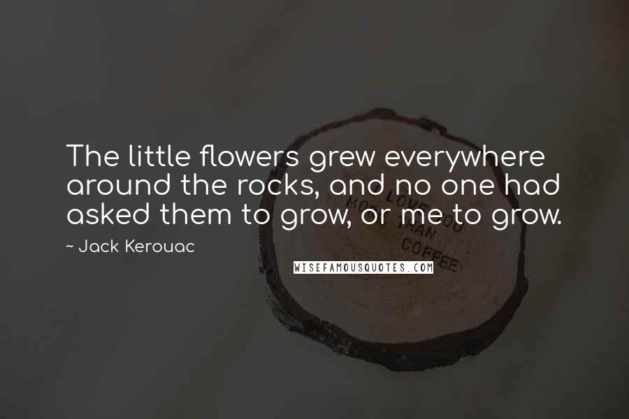 Jack Kerouac Quotes: The little flowers grew everywhere around the rocks, and no one had asked them to grow, or me to grow.