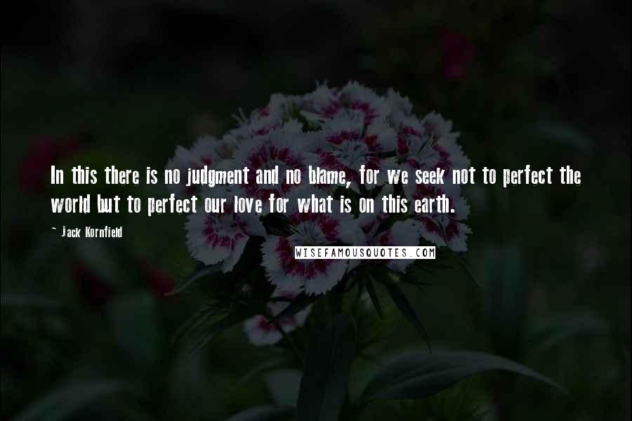 Jack Kornfield Quotes: In this there is no judgment and no blame, for we seek not to perfect the world but to perfect our love for what is on this earth.