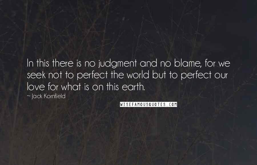 Jack Kornfield Quotes: In this there is no judgment and no blame, for we seek not to perfect the world but to perfect our love for what is on this earth.