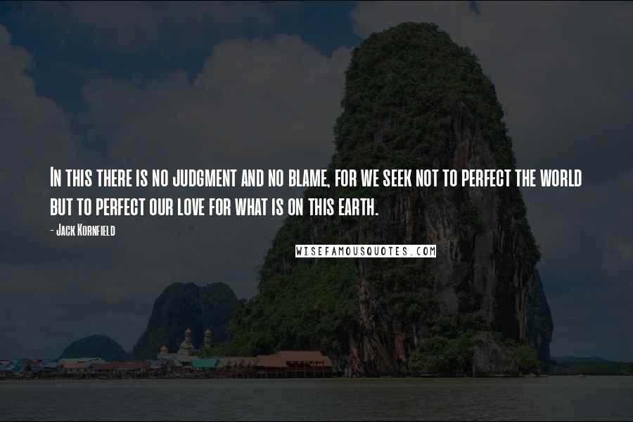 Jack Kornfield Quotes: In this there is no judgment and no blame, for we seek not to perfect the world but to perfect our love for what is on this earth.