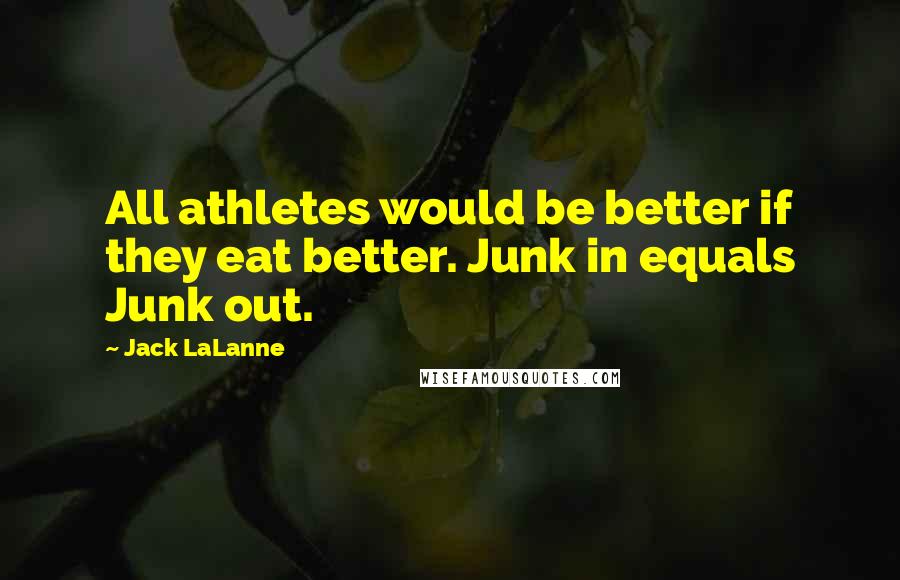 Jack LaLanne Quotes: All athletes would be better if they eat better. Junk in equals Junk out.