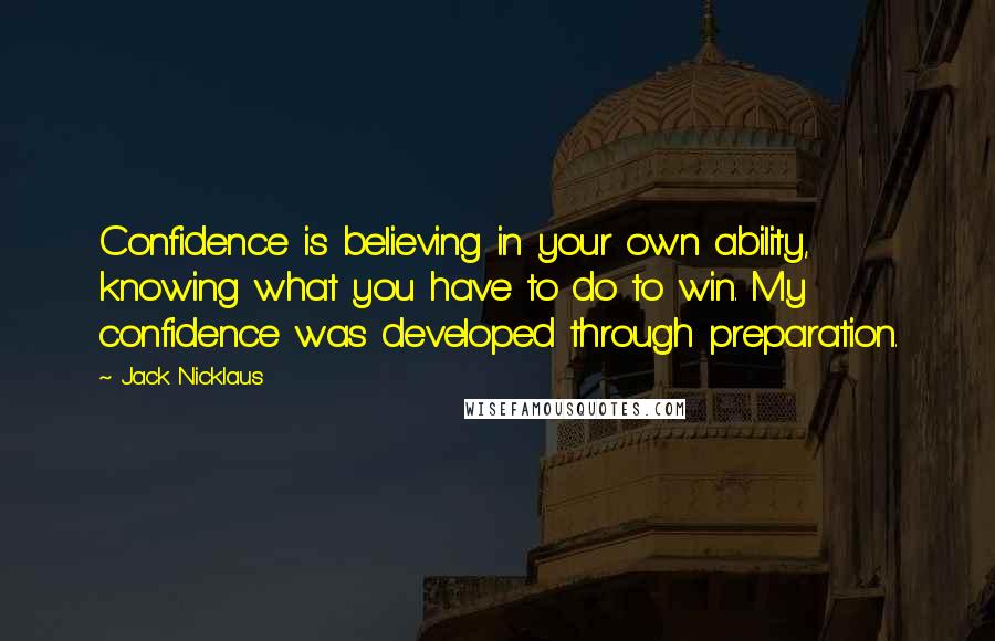 Jack Nicklaus Quotes: Confidence is believing in your own ability, knowing what you have to do to win. My confidence was developed through preparation.