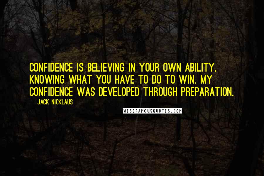 Jack Nicklaus Quotes: Confidence is believing in your own ability, knowing what you have to do to win. My confidence was developed through preparation.