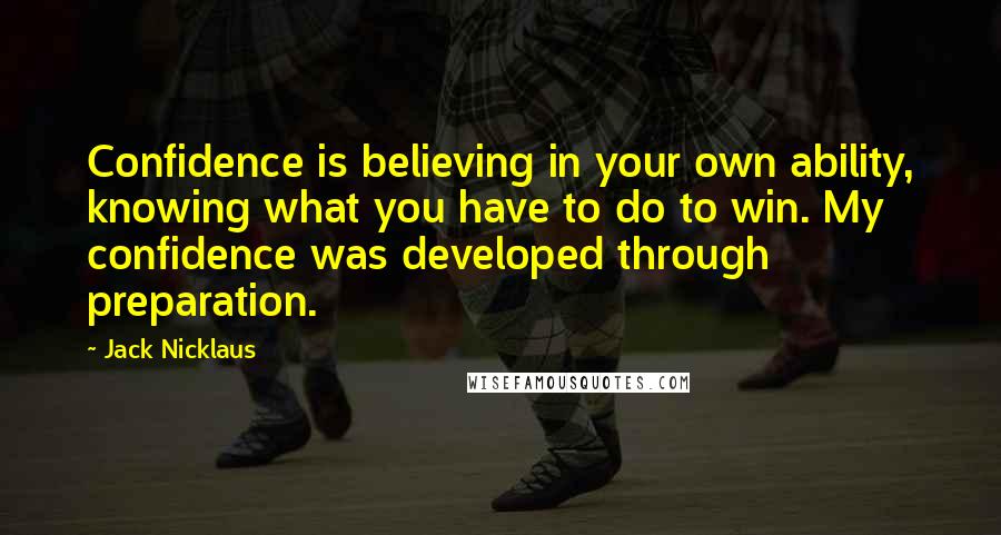 Jack Nicklaus Quotes: Confidence is believing in your own ability, knowing what you have to do to win. My confidence was developed through preparation.