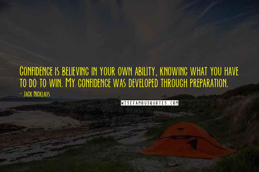 Jack Nicklaus Quotes: Confidence is believing in your own ability, knowing what you have to do to win. My confidence was developed through preparation.