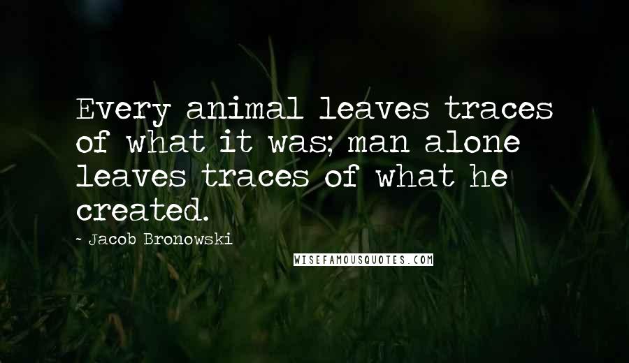 Jacob Bronowski Quotes: Every animal leaves traces of what it was; man alone leaves traces of what he created.