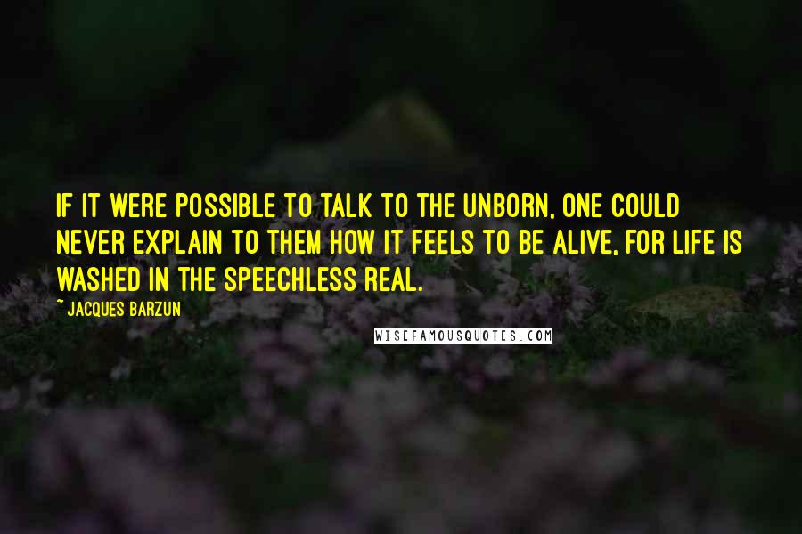 Jacques Barzun Quotes: If it were possible to talk to the unborn, one could never explain to them how it feels to be alive, for life is washed in the speechless real.