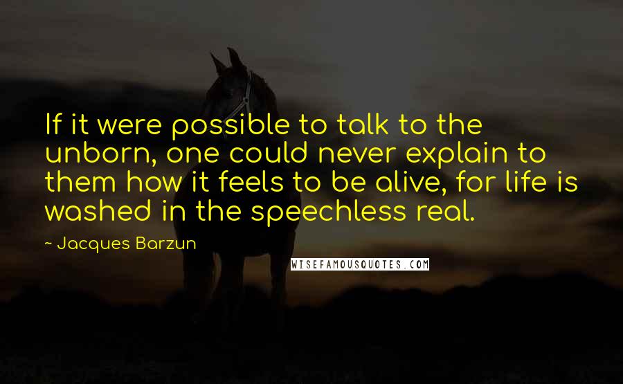 Jacques Barzun Quotes: If it were possible to talk to the unborn, one could never explain to them how it feels to be alive, for life is washed in the speechless real.