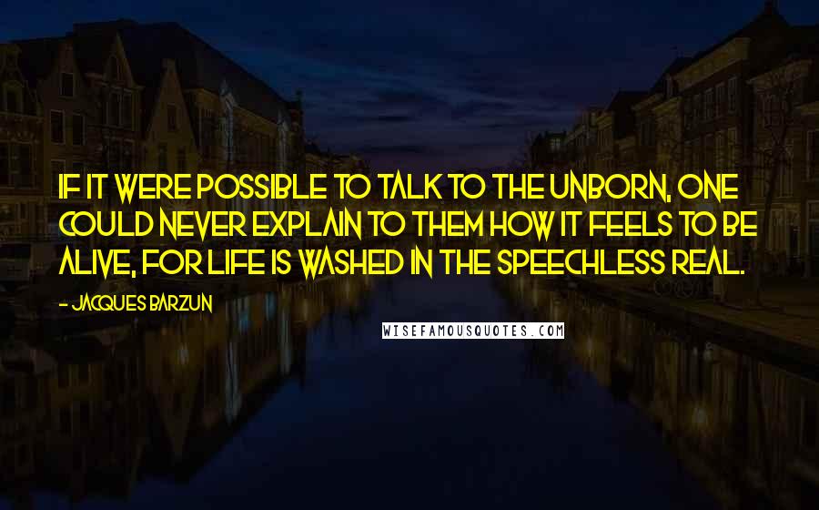 Jacques Barzun Quotes: If it were possible to talk to the unborn, one could never explain to them how it feels to be alive, for life is washed in the speechless real.