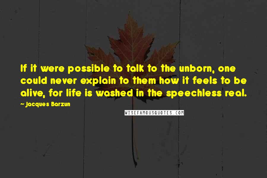 Jacques Barzun Quotes: If it were possible to talk to the unborn, one could never explain to them how it feels to be alive, for life is washed in the speechless real.