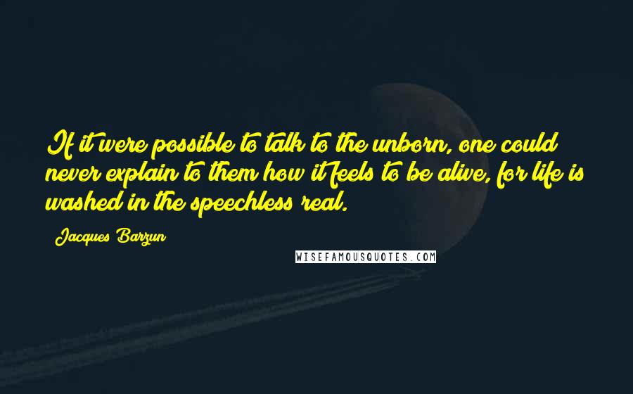 Jacques Barzun Quotes: If it were possible to talk to the unborn, one could never explain to them how it feels to be alive, for life is washed in the speechless real.