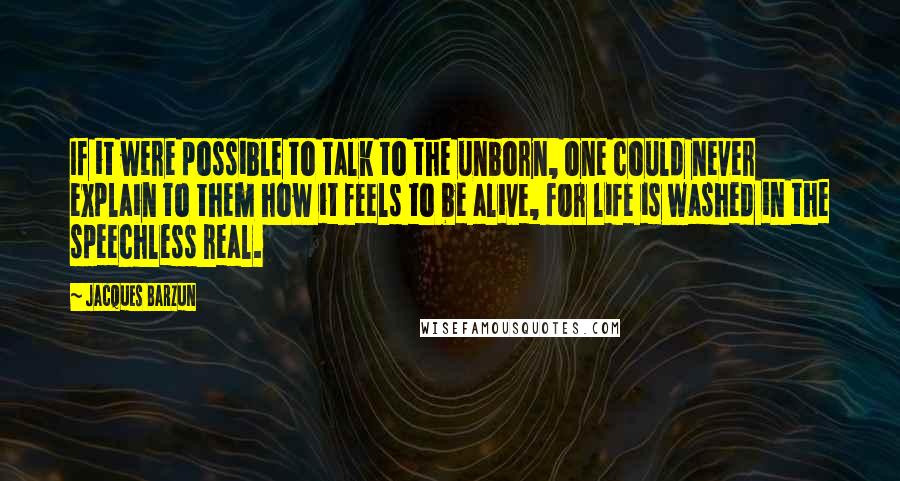 Jacques Barzun Quotes: If it were possible to talk to the unborn, one could never explain to them how it feels to be alive, for life is washed in the speechless real.