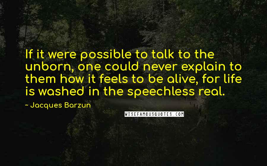 Jacques Barzun Quotes: If it were possible to talk to the unborn, one could never explain to them how it feels to be alive, for life is washed in the speechless real.