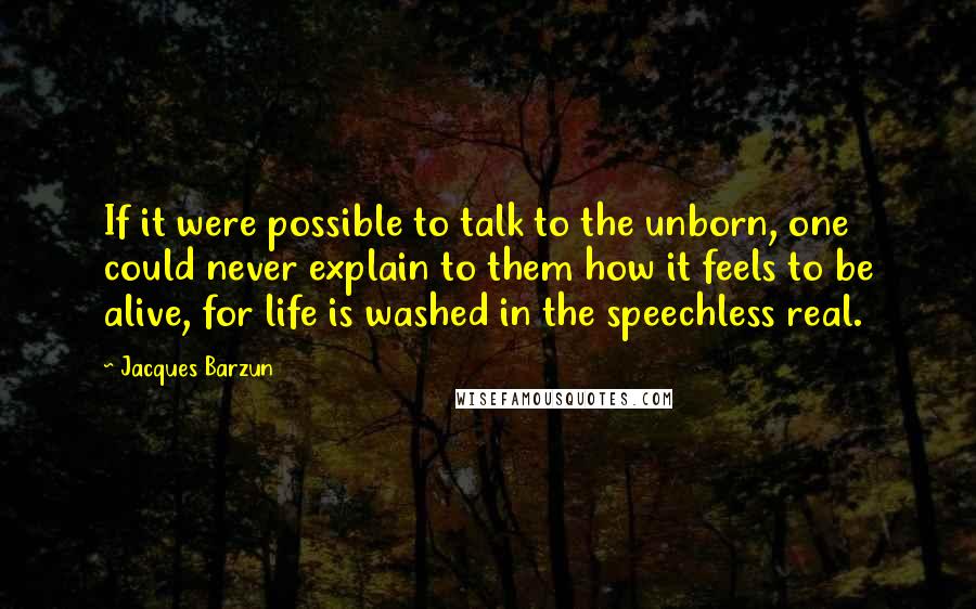 Jacques Barzun Quotes: If it were possible to talk to the unborn, one could never explain to them how it feels to be alive, for life is washed in the speechless real.