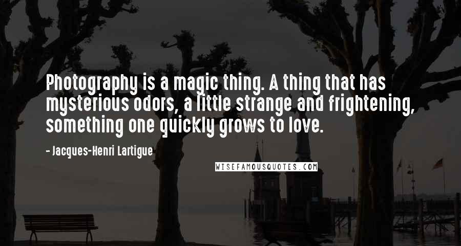 Jacques-Henri Lartigue Quotes: Photography is a magic thing. A thing that has mysterious odors, a little strange and frightening, something one quickly grows to love.