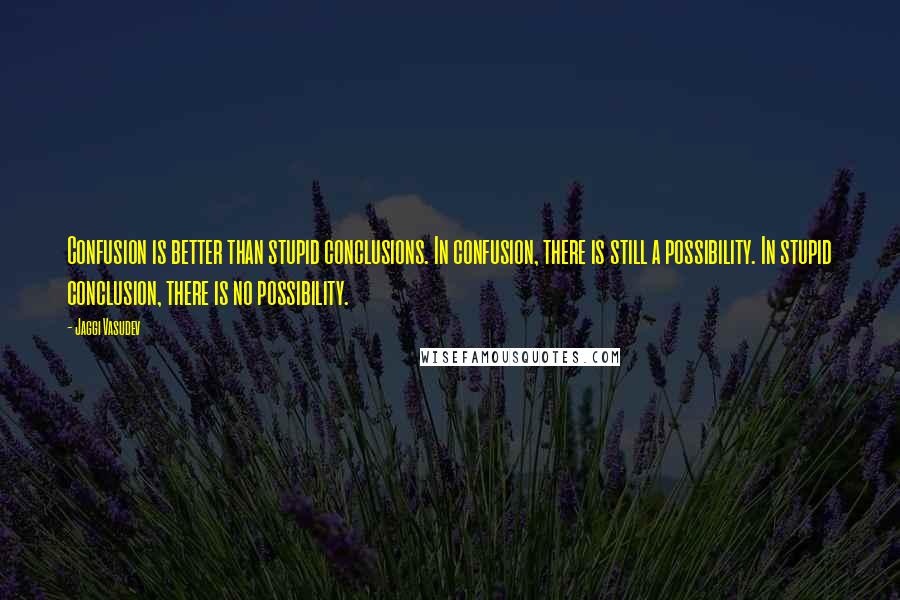 Jaggi Vasudev Quotes: Confusion is better than stupid conclusions. In confusion, there is still a possibility. In stupid conclusion, there is no possibility.