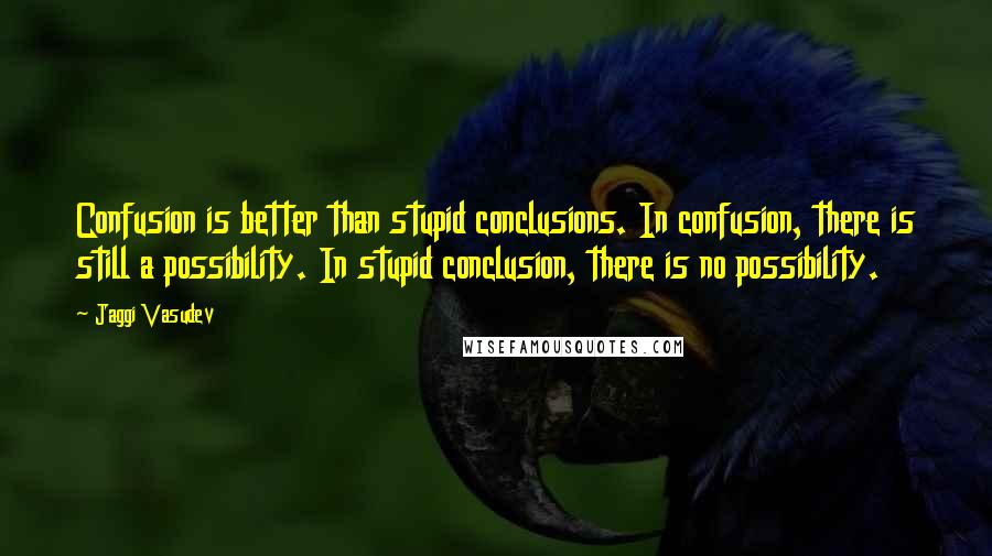 Jaggi Vasudev Quotes: Confusion is better than stupid conclusions. In confusion, there is still a possibility. In stupid conclusion, there is no possibility.