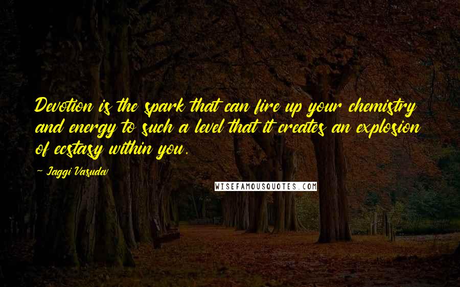 Jaggi Vasudev Quotes: Devotion is the spark that can fire up your chemistry and energy to such a level that it creates an explosion of ecstasy within you.