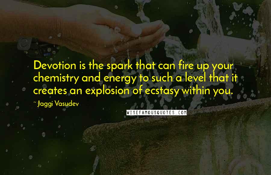 Jaggi Vasudev Quotes: Devotion is the spark that can fire up your chemistry and energy to such a level that it creates an explosion of ecstasy within you.