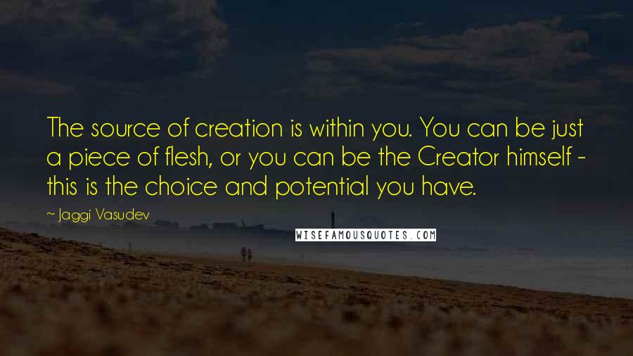 Jaggi Vasudev Quotes: The source of creation is within you. You can be just a piece of flesh, or you can be the Creator himself - this is the choice and potential you have.