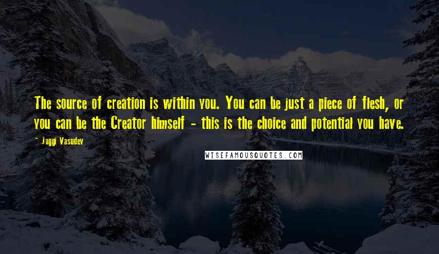 Jaggi Vasudev Quotes: The source of creation is within you. You can be just a piece of flesh, or you can be the Creator himself - this is the choice and potential you have.