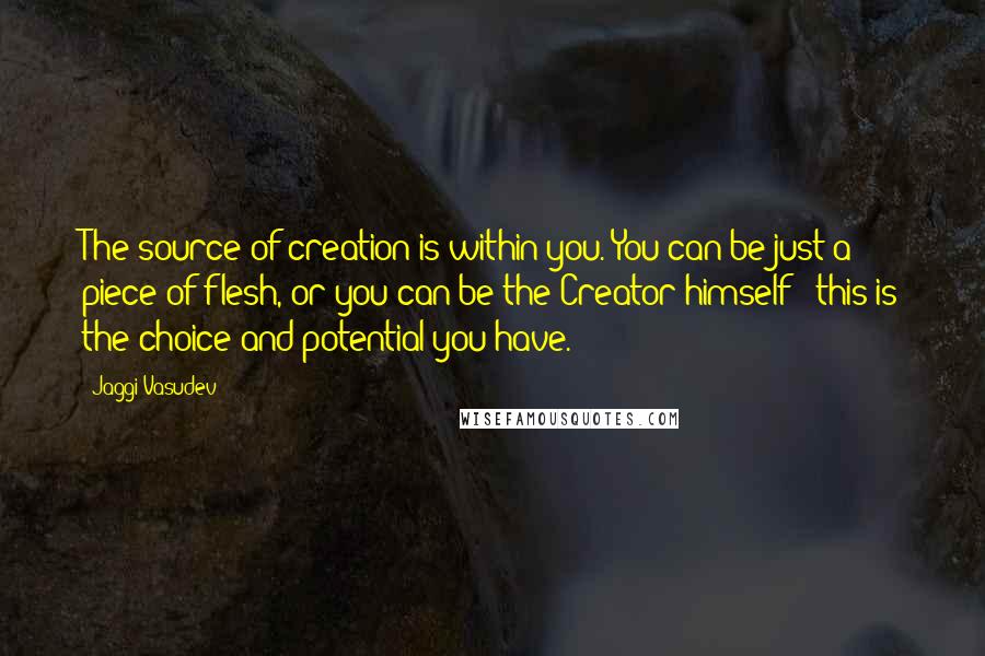 Jaggi Vasudev Quotes: The source of creation is within you. You can be just a piece of flesh, or you can be the Creator himself - this is the choice and potential you have.