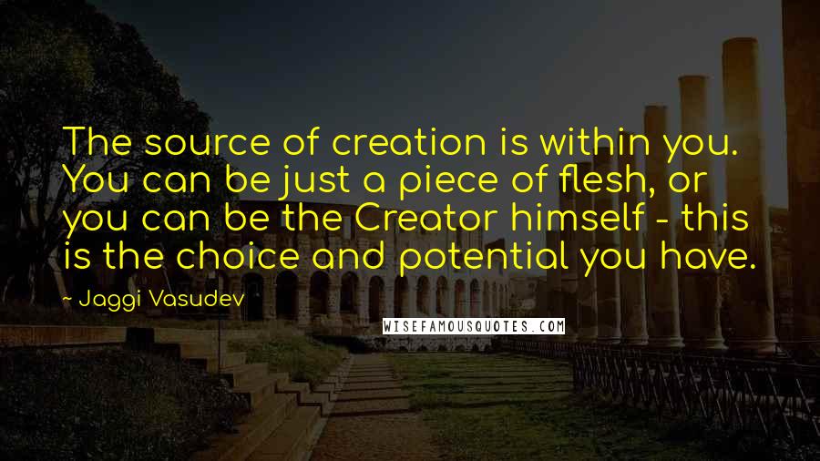 Jaggi Vasudev Quotes: The source of creation is within you. You can be just a piece of flesh, or you can be the Creator himself - this is the choice and potential you have.