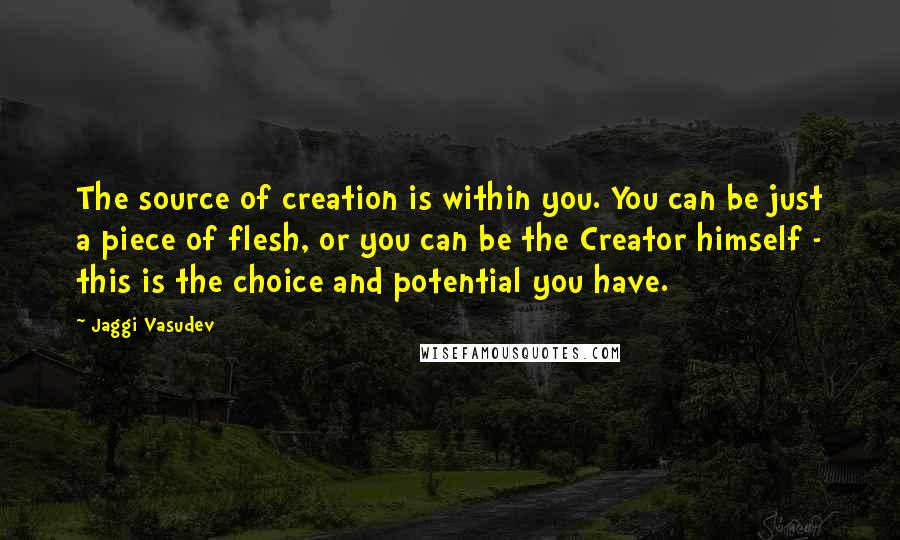 Jaggi Vasudev Quotes: The source of creation is within you. You can be just a piece of flesh, or you can be the Creator himself - this is the choice and potential you have.